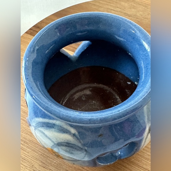 Pottery fenestrated candle votive Stamped Hand painted Blue w/ white flower - Picture 4 of 7